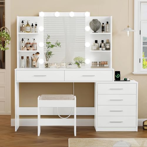 Large White Vanity Desk with Lighted Mirror and Power Outlet P130