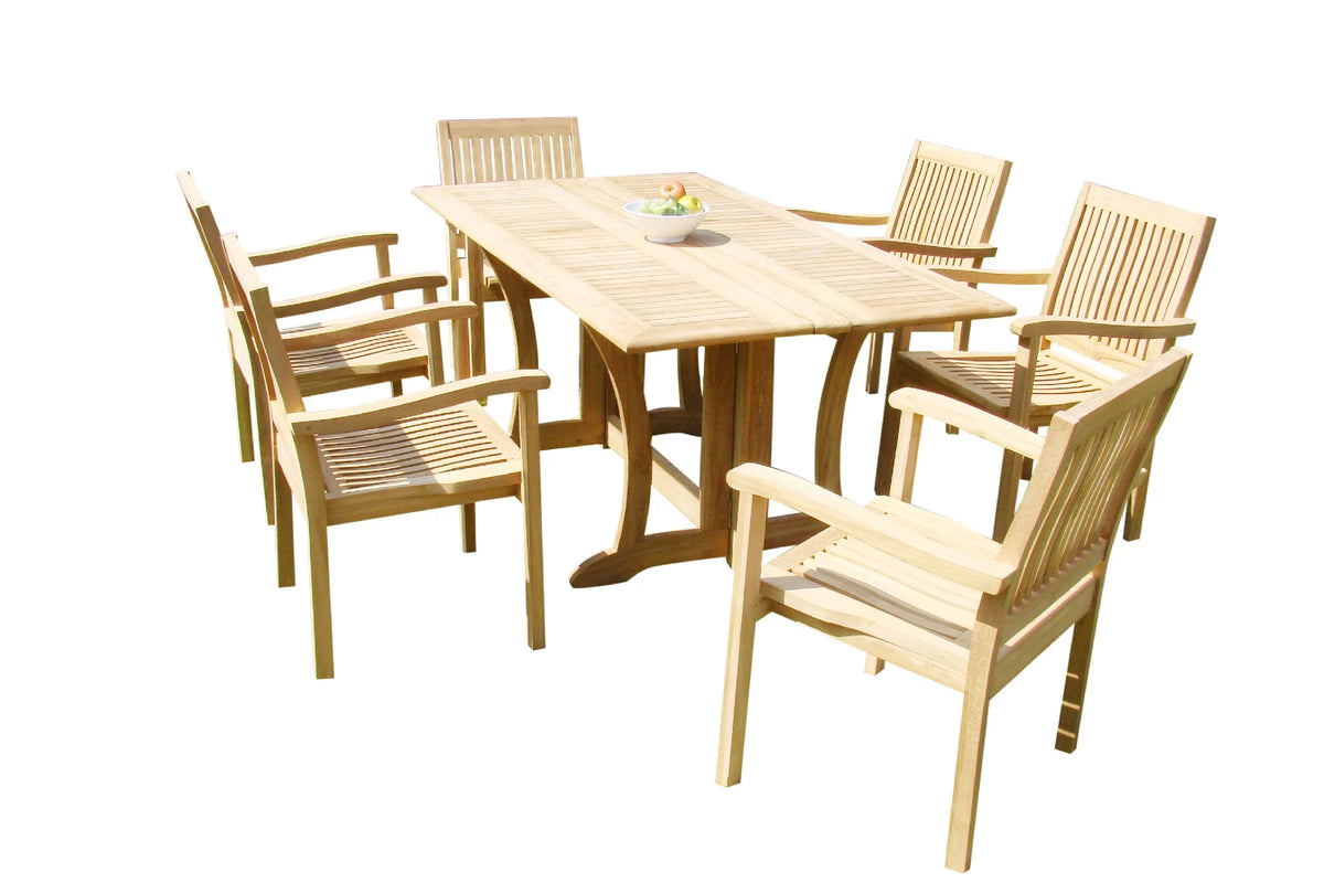 Teak 7 Pc Dining Set with Folding Table and 6 Stacking Arm Chairs C144