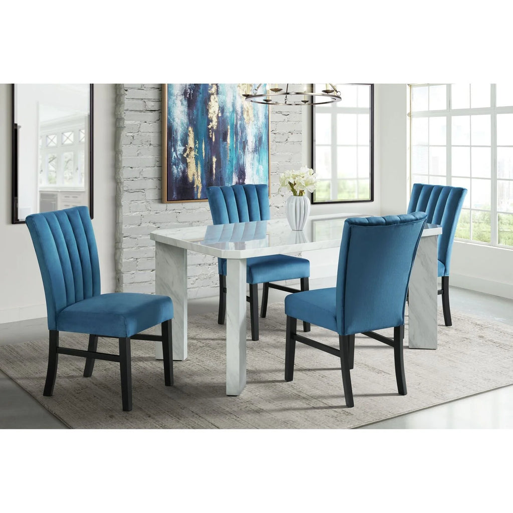White 5PC Dining Set with Navy Blue Velvet Chairs E6397