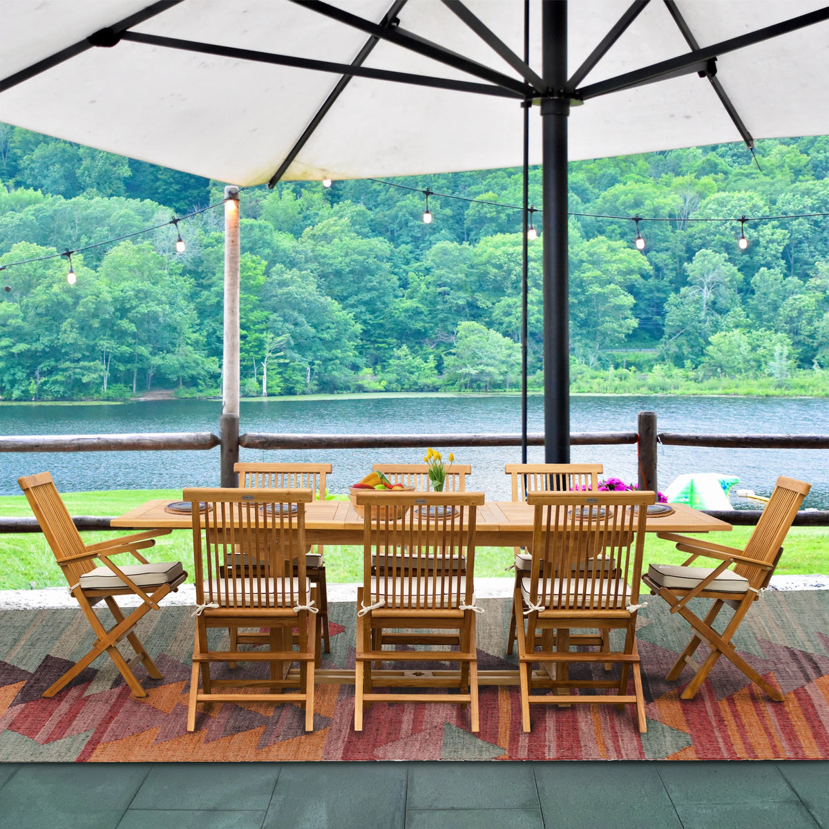 9 Piece Teak Wood Patio Dining Set with Extension Table and Folding Chairs V58195