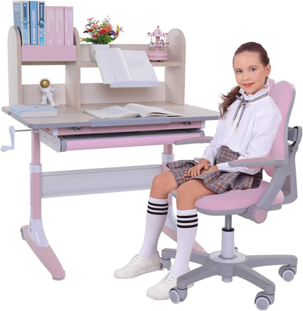 Pink Height Adjustable Ergonomic Kids Study Desk and Chair Set with Drawer and Bookshelf X47310
